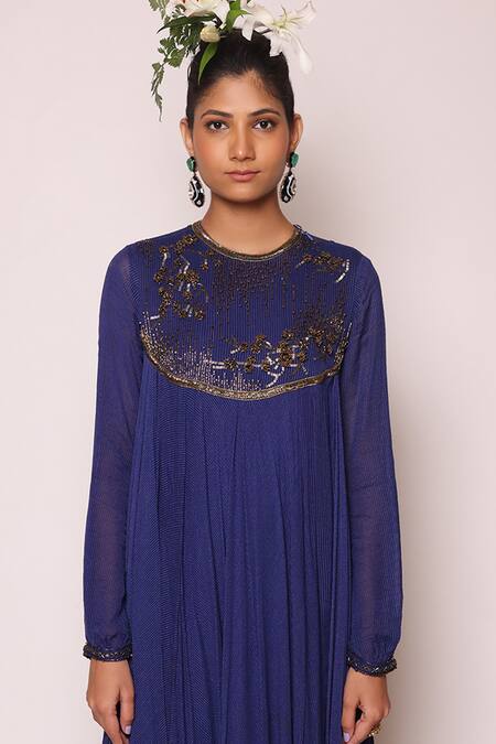 Shop Abstract By Megha Jain Madaan Blue Cotton, Chiffon Beads, Piping Round 3d Floral Work Asymmetric Maxi Dress Online at Aza Fashions Shop_Abstract By Megha Jain Madaan_Blue Cotton, Chiffon Beads, Piping Round 3d Floral Work Asymmetric Maxi Dress _Online_at_Aza_Fashions