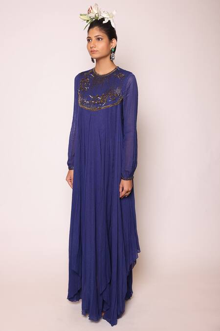 Abstract By Megha Jain Madaan Blue Cotton, Chiffon Beads, Piping Round 3d Floral Work Asymmetric Maxi Dress at Aza Fashions Abstract By Megha Jain Madaan_Blue Cotton, Chiffon Beads, Piping Round 3d Floral Work Asymmetric Maxi Dress _at_Aza_Fashions