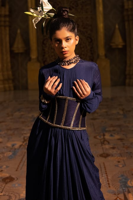 Shop Abstract By Megha Jain Madaan Blue Silk, Jersey, Cotton Beads Round Draped Dress With Pipe Embellished Corset at Aza Fashions Shop_Abstract By Megha Jain Madaan_Blue Silk, Jersey, Cotton Beads Round Draped Dress With Pipe Embellished Corset _at_Aza_Fashions