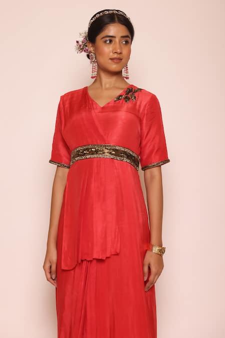 Abstract By Megha Jain Madaan_Red Silk, Cotton, Jersey Sequins Embellished Floor Length Concept Saree _Online_at_Aza_Fashions