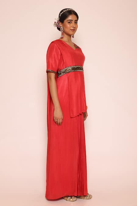 Buy_Abstract By Megha Jain Madaan_Red Silk, Cotton, Jersey Sequins Embellished Floor Length Concept Saree _Online_at_Aza_Fashions