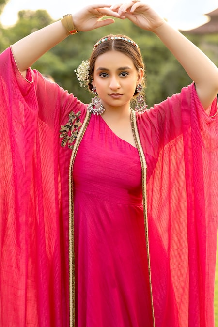 Abstract By Megha Jain Madaan_Pink Chiffon, Silk, Cotton Sequins, Beads One Dress With Embellished Cape _Online_at_Aza_Fashions