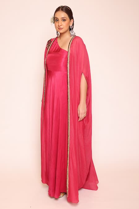 Buy_Abstract By Megha Jain Madaan_Pink Chiffon, Silk, Cotton Sequins, Beads One Dress With Embellished Cape _Online_at_Aza_Fashions