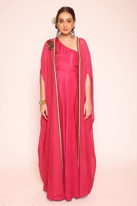 Shop_Abstract By Megha Jain Madaan_Pink Chiffon, Silk, Cotton Sequins, Beads One Dress With Embellished Cape _Online_at_Aza_Fashions