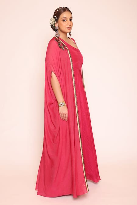 Abstract By Megha Jain Madaan_Pink Chiffon, Silk, Cotton Sequins, Beads One Dress With Embellished Cape _at_Aza_Fashions