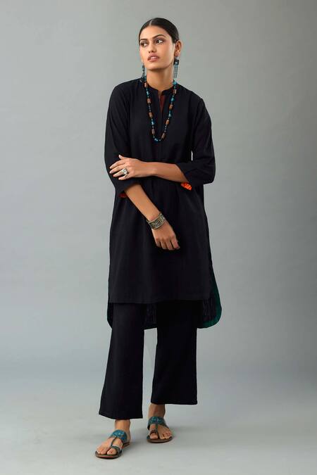 Kora_Black Handloom Cotton, Silk Embroidery, Tassels Mandarin Collar Kurta Set _Online_at_Aza_Fashions