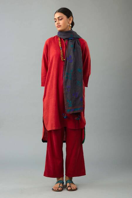 Kora Red Handloom Cotton, Silk Embroidery Mandarin Collar Kurta Set With Scarf at Aza Fashions Kora_Red Handloom Cotton, Silk Embroidery Mandarin Collar Kurta Set With Scarf _at_Aza_Fashions