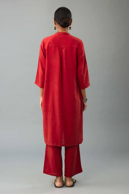 Shop Kora Red Handloom Cotton, Silk Embroidery Mandarin Collar Kurta Set With Scarf at Aza Fashions Shop_Kora_Red Handloom Cotton, Silk Embroidery Mandarin Collar Kurta Set With Scarf _at_Aza_Fashions