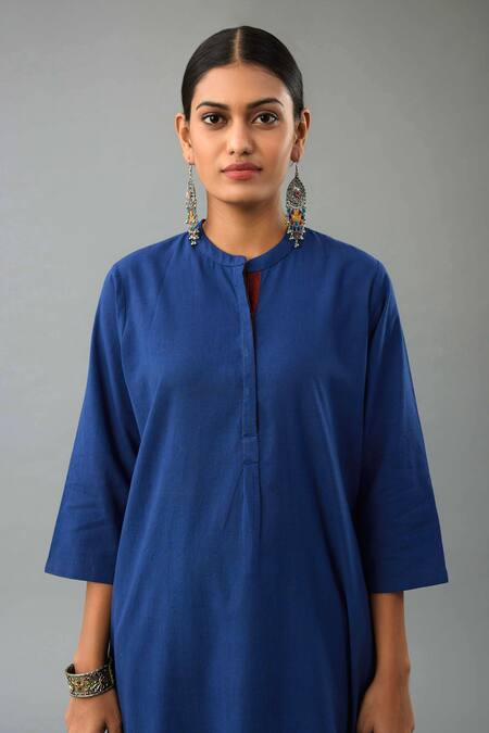 Shop_Kora_Blue Handloom Cotton, Silk Tassels, Beads Mandarin Collar Kurta Set With Scarf _Online_at_Aza_Fashions