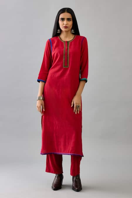Kora_Red Handloom Cotton, Silk Embroidery Round Neck Border Kurta Set _Online_at_Aza_Fashions