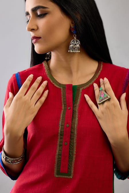 Shop_Kora_Red Handloom Cotton, Silk Embroidery Round Neck Border Kurta Set _Online_at_Aza_Fashions