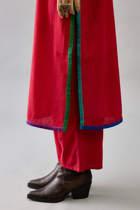 Kora_Red Handloom Cotton, Silk Embroidery Round Neck Border Kurta Set _at_Aza_Fashions