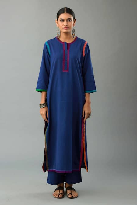 Kora_Blue Handloom Cotton, Silk Beads, Tassels, Embroidery Border Kurta Pant Set _Online_at_Aza_Fashions
