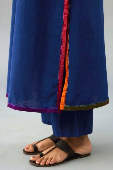 Buy_Kora_Blue Handloom Cotton, Silk Beads, Tassels, Embroidery Border Kurta Pant Set _Online_at_Aza_Fashions