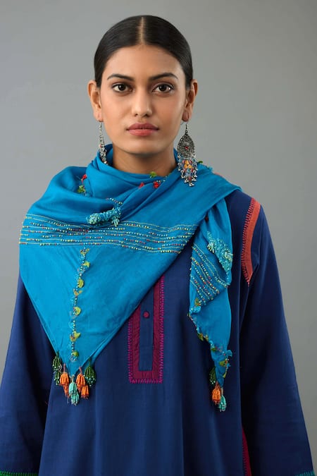 Shop_Kora_Blue Handloom Cotton, Silk Beads, Tassels, Embroidery Border Kurta Pant Set _Online_at_Aza_Fashions