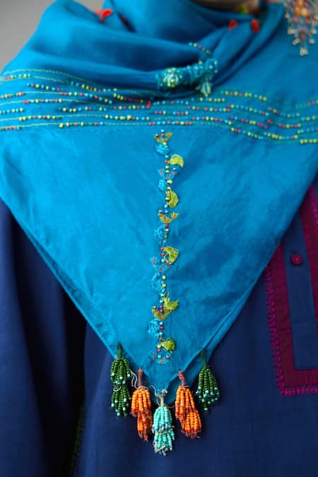 Kora_Blue Handloom Cotton, Silk Beads, Tassels, Embroidery Border Kurta Pant Set _at_Aza_Fashions