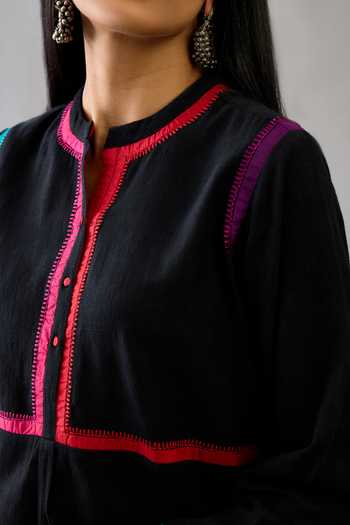 Shop_Kora_Black Handloom Cotton Embroidery Round Neck Short Kurta And Pant Set _Online_at_Aza_Fashions