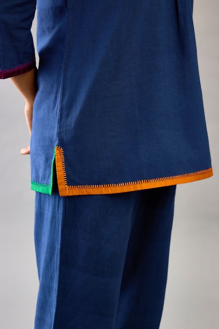 Shop_Kora_Blue Handloom Cotton Embroidery Round Neck Border Kurta And Pant Set _Online_at_Aza_Fashions