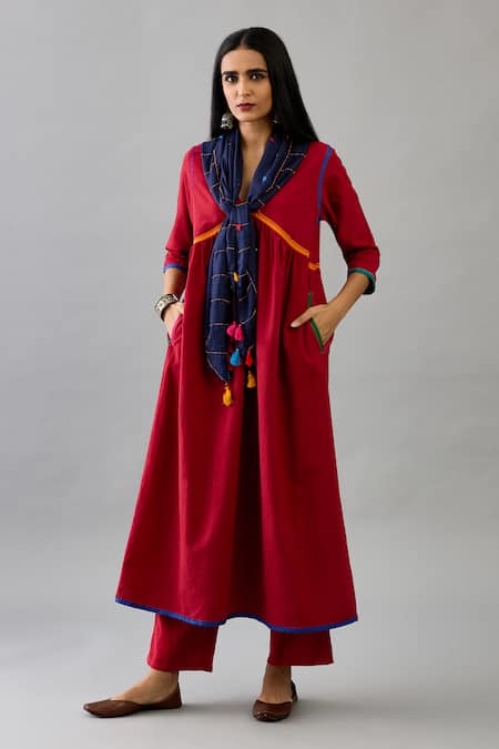 KORA Border Embroidered Kurta Set With Embroidered Scarf 