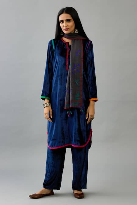 KORA Silk Velvet Border Embroidered Kurta Set 