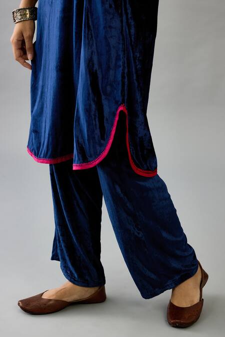 Shop Kora Blue Silk, Velvet Tassels, Applique, Embroidery Split V-neck Border Kurta Set Online at Aza Fashions Shop_Kora_Blue Silk, Velvet Tassels, Applique, Embroidery Split V-neck Border Kurta Set _Online_at_Aza_Fashions