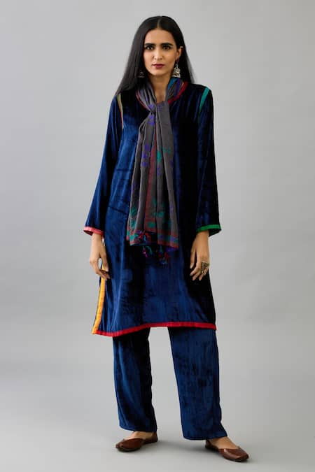 KORA Silk Velvet Border Embroidered A-Line Kurta Set 