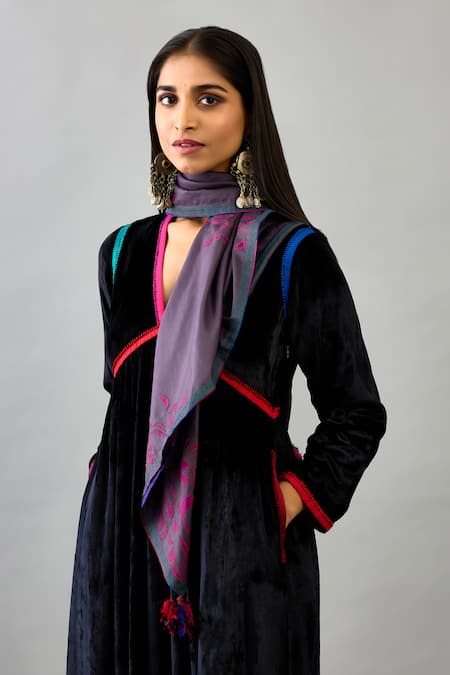 Shop_Kora_Black , Satin, Velvet Embroidery, Tassels Border Kurta Set With Scarf _Online_at_Aza_Fashions