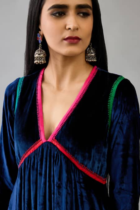 Shop_Kora_Blue Silk, Velvet Tassels, Beads V-neck Neckline Embroidered Kurta Set _Online_at_Aza_Fashions