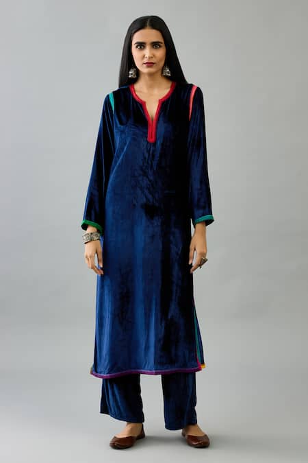 Kora_Blue , Satin, Velvet Tassels Split V-neck Embroidered Kurta Set _Online_at_Aza_Fashions