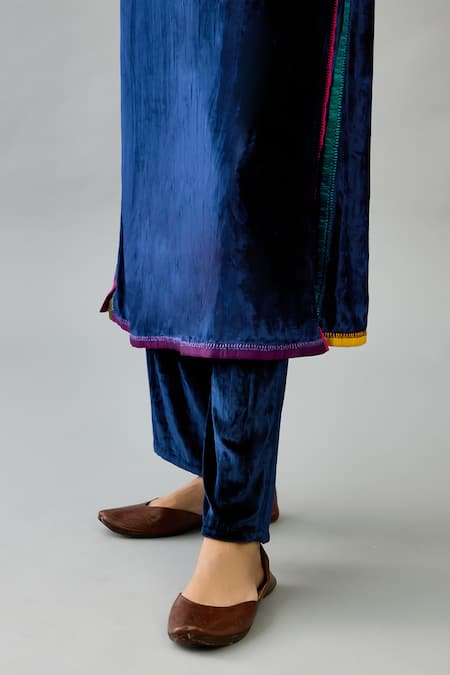 Buy_Kora_Blue , Satin, Velvet Tassels Split V-neck Embroidered Kurta Set _Online_at_Aza_Fashions