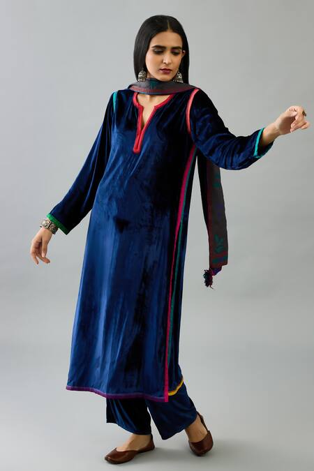 Shop_Kora_Blue , Satin, Velvet Tassels Split V-neck Embroidered Kurta Set _Online_at_Aza_Fashions