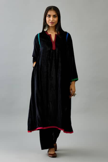 KORA Silk Velvet Embroidered Kurta & Pant Set 