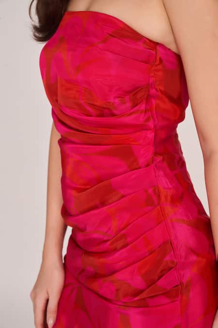 House Of Varada_Pink Crepe Off-shoulder Off Ruched Dress _at_Aza_Fashions