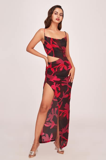 House of Varada Printed Cutout Cowl Neck Dress 