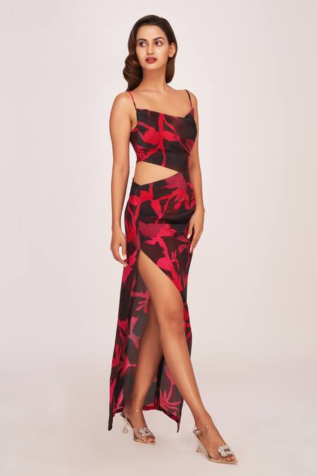 Shop House Of Varada Pink Crepe Cowl Neck Printed Cutout Dress Online at Aza Fashions Shop_House Of Varada_Pink Crepe Cowl Neck Printed Cutout Dress _Online_at_Aza_Fashions