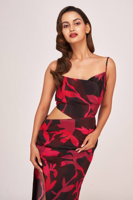 House Of Varada Pink Crepe Cowl Neck Printed Cutout Dress at Aza Fashions House Of Varada_Pink Crepe Cowl Neck Printed Cutout Dress _at_Aza_Fashions