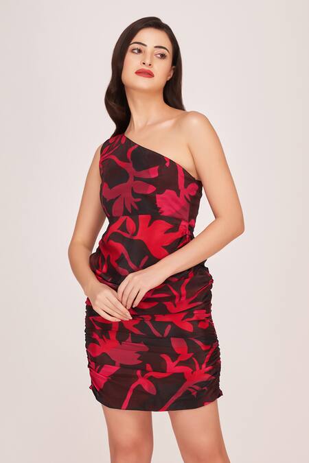 Shop_House Of Varada_Pink Crepe One Shoulder Floral Print Dress _Online_at_Aza_Fashions