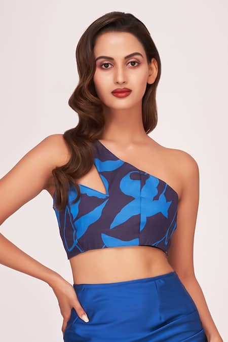 Shop House Of Varada Blue Satin One Shoulder Floral Pattern Top And Skirt Set Online at Aza Fashions Shop_House Of Varada_Blue Satin One Shoulder Floral Pattern Top And Skirt Set _Online_at_Aza_Fashions