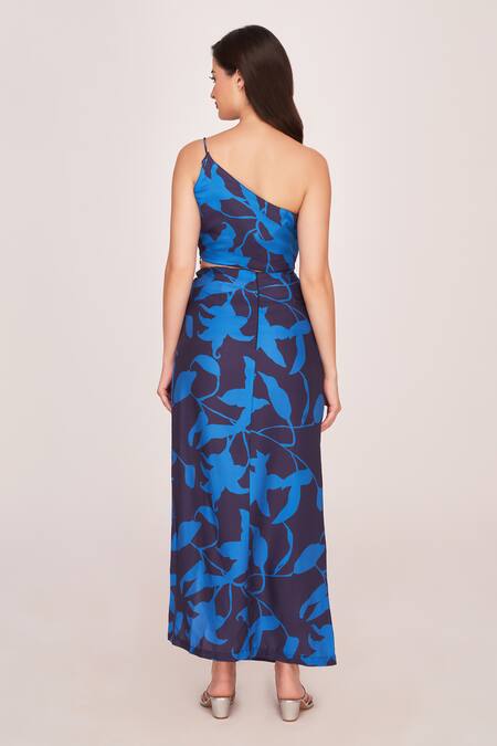 Shop House Of Varada Blue Satin One Shoulder Floral Pattern Top And Skirt Set at Aza Fashions Shop_House Of Varada_Blue Satin One Shoulder Floral Pattern Top And Skirt Set _at_Aza_Fashions