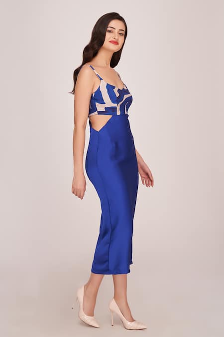 House Of Varada Blue Satin Scoop Neck Abstract Pattern Midi Dress Online at Aza Fashions House Of Varada_Blue Satin Scoop Neck Abstract Pattern Midi Dress _Online_at_Aza_Fashions