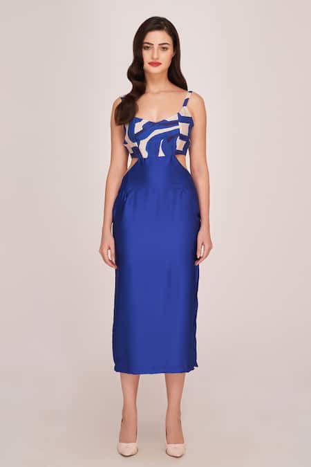 Buy House Of Varada Blue Satin Scoop Neck Abstract Pattern Midi Dress Online at Aza Fashions Buy_House Of Varada_Blue Satin Scoop Neck Abstract Pattern Midi Dress _Online_at_Aza_Fashions