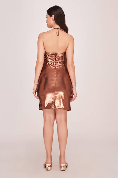 Shop House Of Varada Brown Faux Leather Square Neck Ruched Short Dress at Aza Fashions Shop_House Of Varada_Brown Faux Leather Square Neck Ruched Short Dress _at_Aza_Fashions