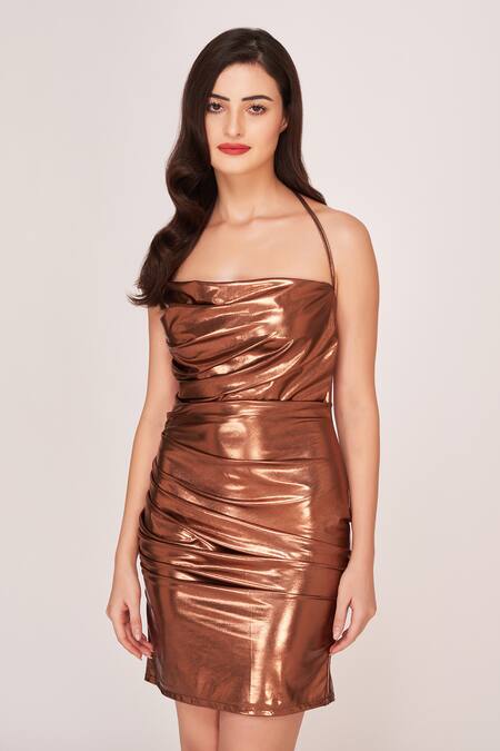 Shop House Of Varada Brown Faux Leather Square Neck Ruched Short Dress Online at Aza Fashions Shop_House Of Varada_Brown Faux Leather Square Neck Ruched Short Dress _Online_at_Aza_Fashions