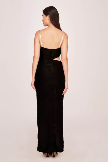 Shop House Of Varada Black Satin Cowl Neck Cutout Maxi Dress at Aza Fashions Shop_House Of Varada_Black Satin Cowl Neck Cutout Maxi Dress _at_Aza_Fashions
