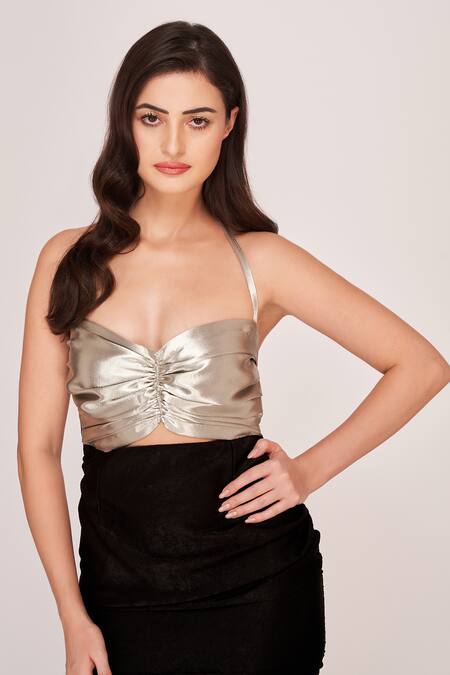 Shop House Of Varada Black Satin Sweetheart Neck Color Blocked Ruched Dress Online at Aza Fashions Shop_House Of Varada_Black Satin Sweetheart Neck Color Blocked Ruched Dress _Online_at_Aza_Fashions