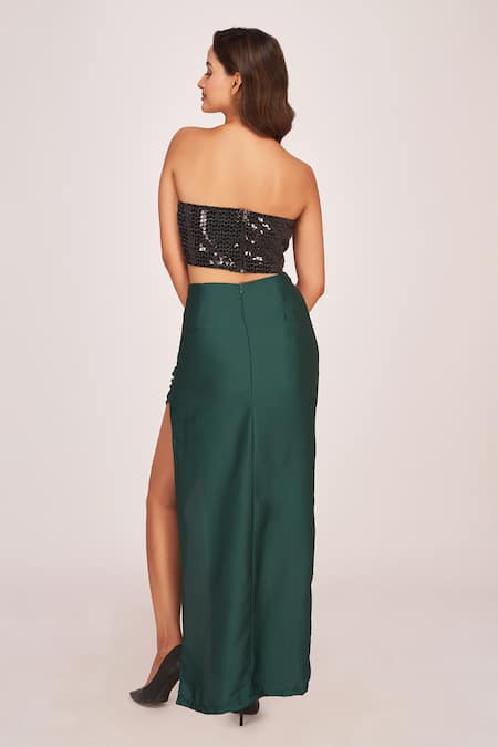 Shop House Of Varada Green Satin, Polyester Sequins Off-shoulder Shimmer Tube Top And Skirt Set at Aza Fashions Shop_House Of Varada_Green Satin, Polyester Sequins Off-shoulder Shimmer Tube Top And Skirt Set _at_Aza_Fashions