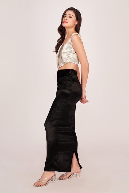 House Of Varada Silver Satin Square Neck Crop Top And Ankle Length Skirt Set Online at Aza Fashions House Of Varada_Silver Satin Square Neck Crop Top And Ankle Length Skirt Set_Online_at_Aza_Fashions