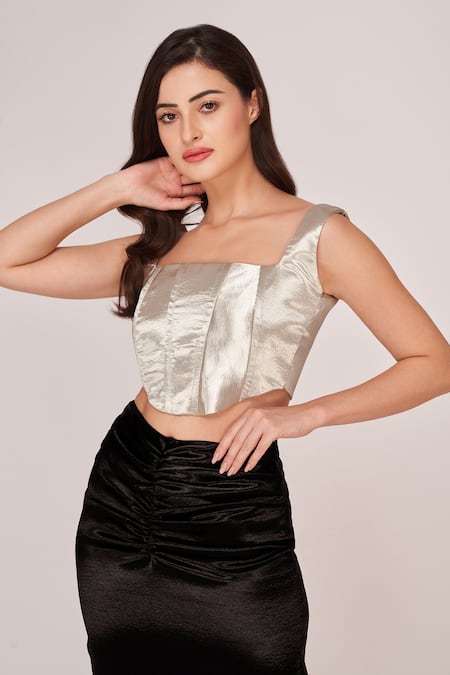 Shop House Of Varada Silver Satin Square Neck Crop Top And Ankle Length Skirt Set Online at Aza Fashions Shop_House Of Varada_Silver Satin Square Neck Crop Top And Ankle Length Skirt Set_Online_at_Aza_Fashions