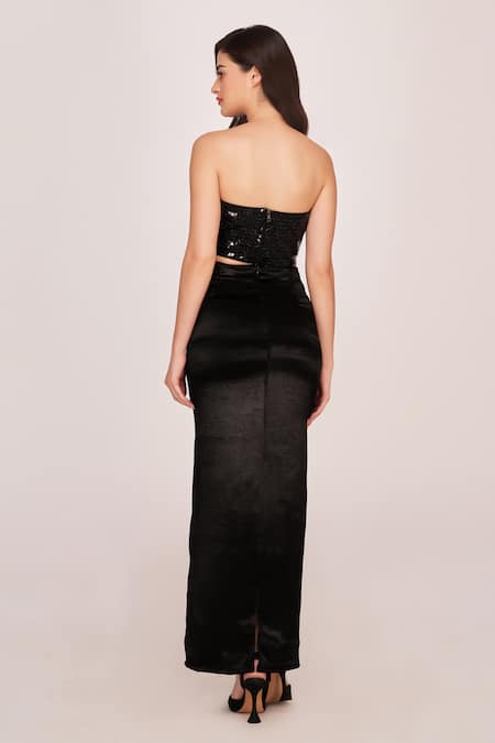 Shop House Of Varada Black Satin Sequins Off-shoulder Shimmer Tube Top And High Slit Skirt Set at Aza Fashions Shop_House Of Varada_Black Satin Sequins Off-shoulder Shimmer Tube Top And High Slit Skirt Set _at_Aza_Fashions