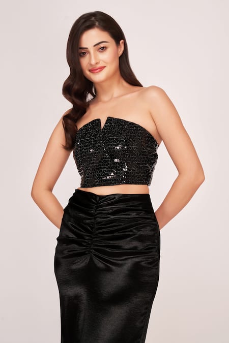 Buy House Of Varada Black Satin Sequins Off-shoulder Shimmer Tube Top And High Slit Skirt Set Online at Aza Fashions Buy_House Of Varada_Black Satin Sequins Off-shoulder Shimmer Tube Top And High Slit Skirt Set _Online_at_Aza_Fashions
